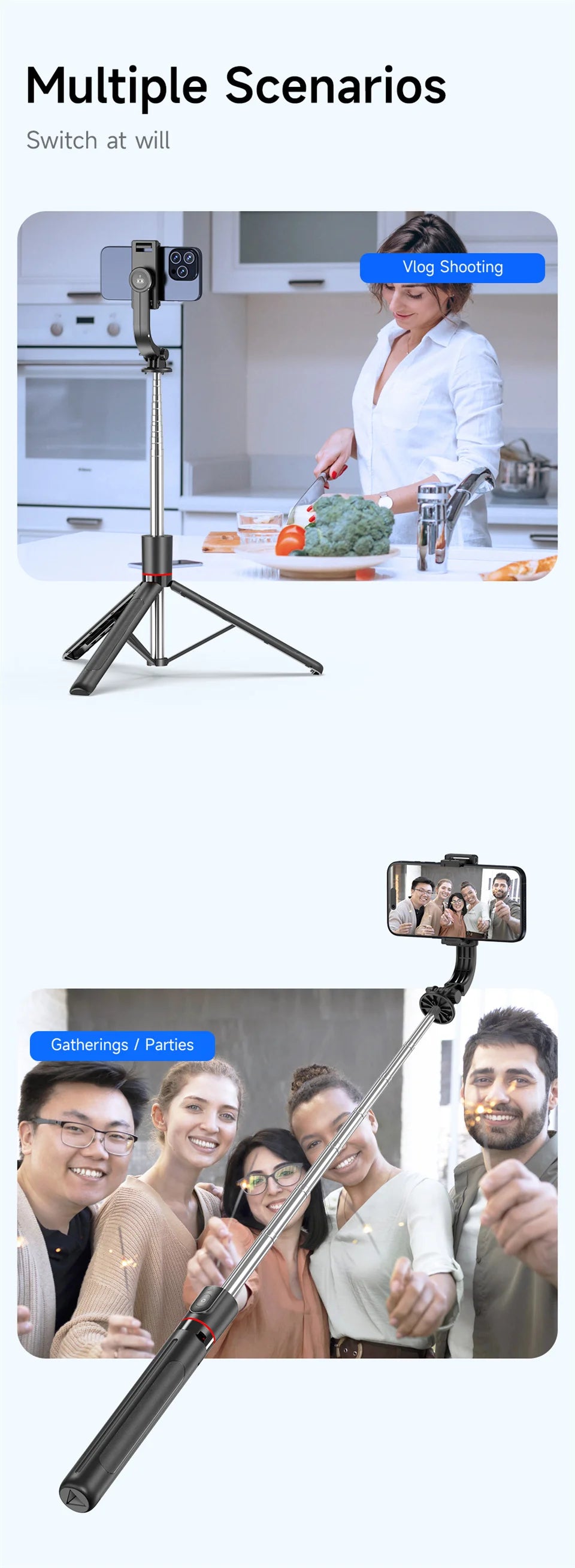 FANGTUOSI Selfie Stick Tripod with Bluetooth Remote, 6-Section Extendable Pole, 360° Rotation, Fill Light Option, for Phone Vlog