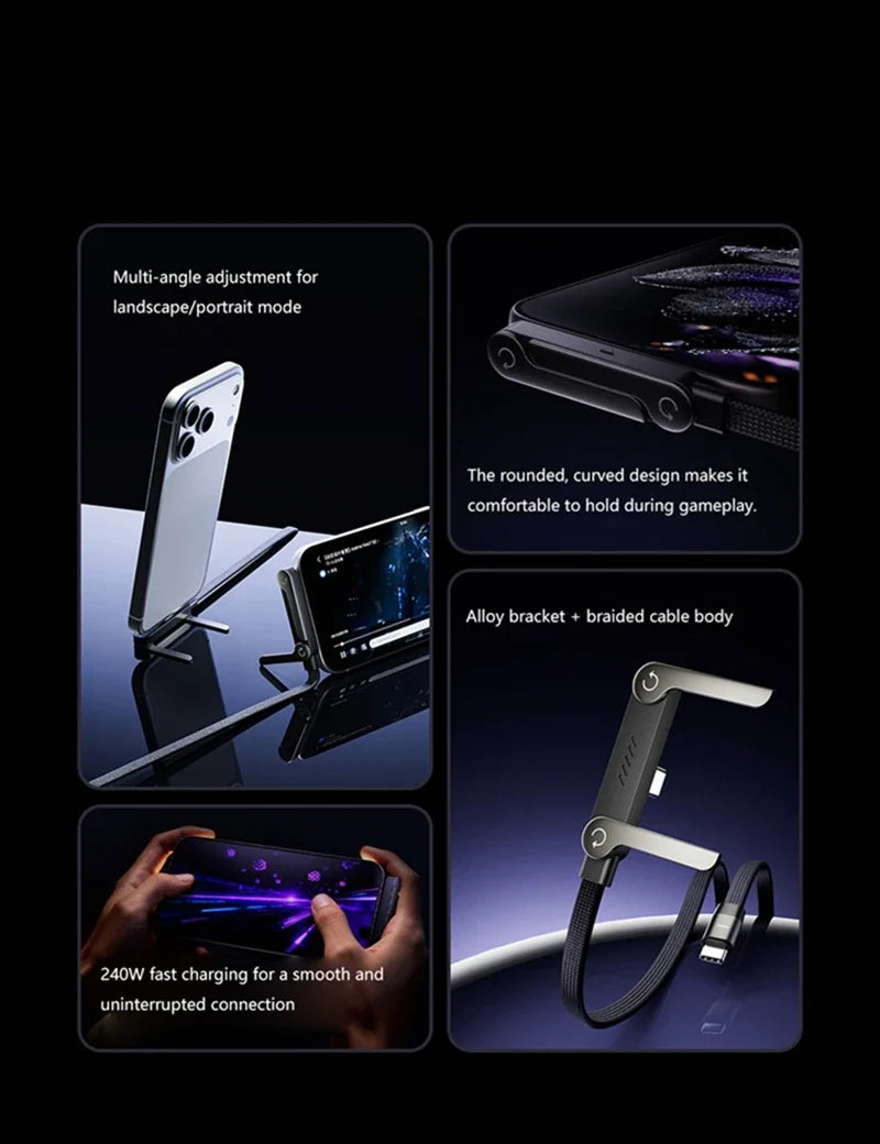 240W PD Fast Charging Type C to Type C Cable USB-C To Type-C Cable With Foldable Stand Phone Holder For HUAWEI iPhone 15 Xiaomi