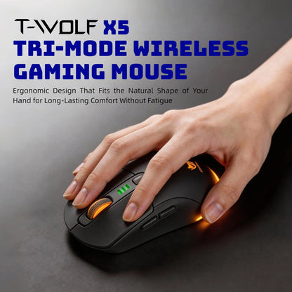 T-WOLF Tri Mode Gaming Mouse Wireless RGB Backlit 12800 DPI 2.4G Bluetooth Type-C Rechargeable Red Ergonomic 1000Hz