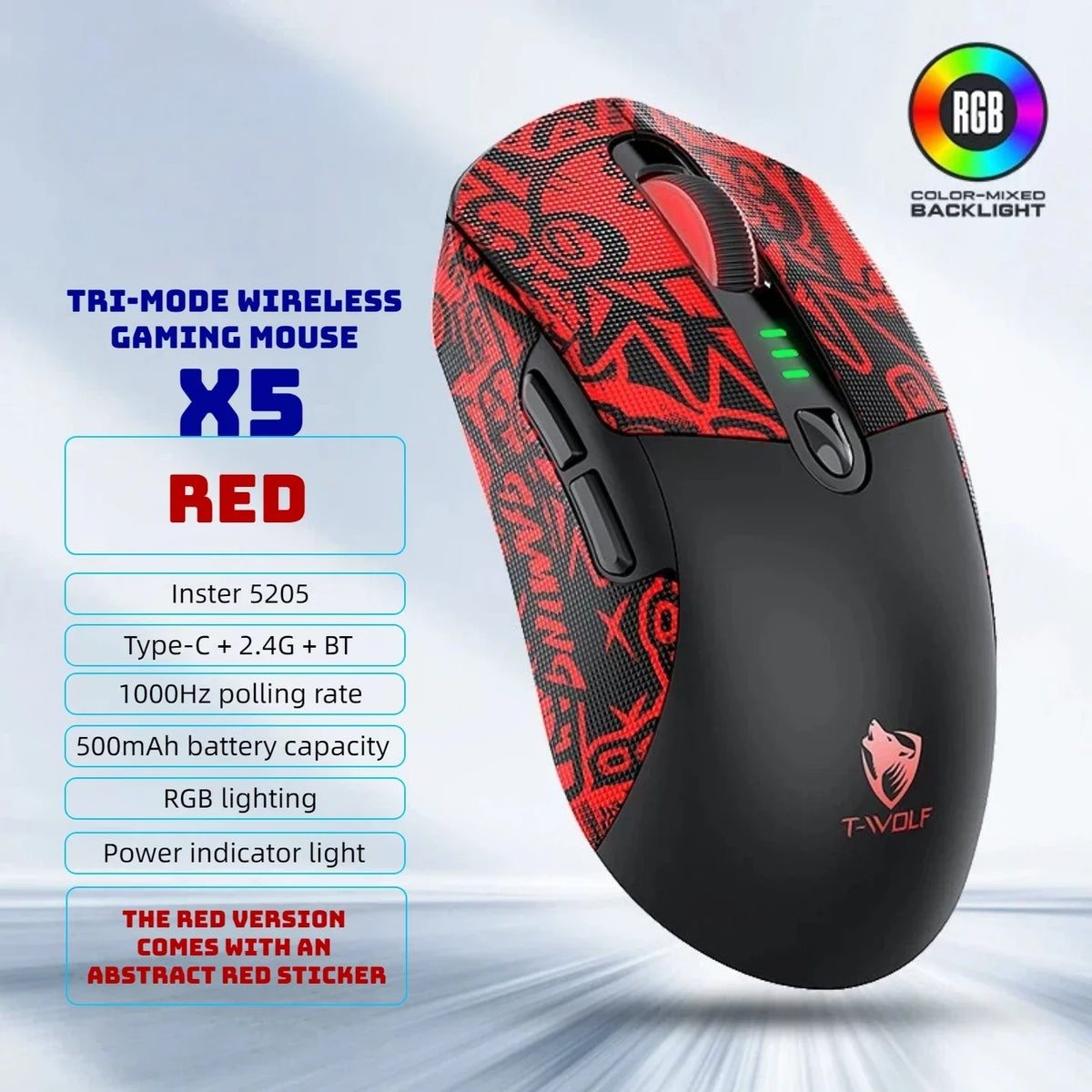 T-WOLF Tri Mode Gaming Mouse Wireless RGB Backlit 12800 DPI 2.4G Bluetooth Type-C Rechargeable Red Ergonomic 1000Hz