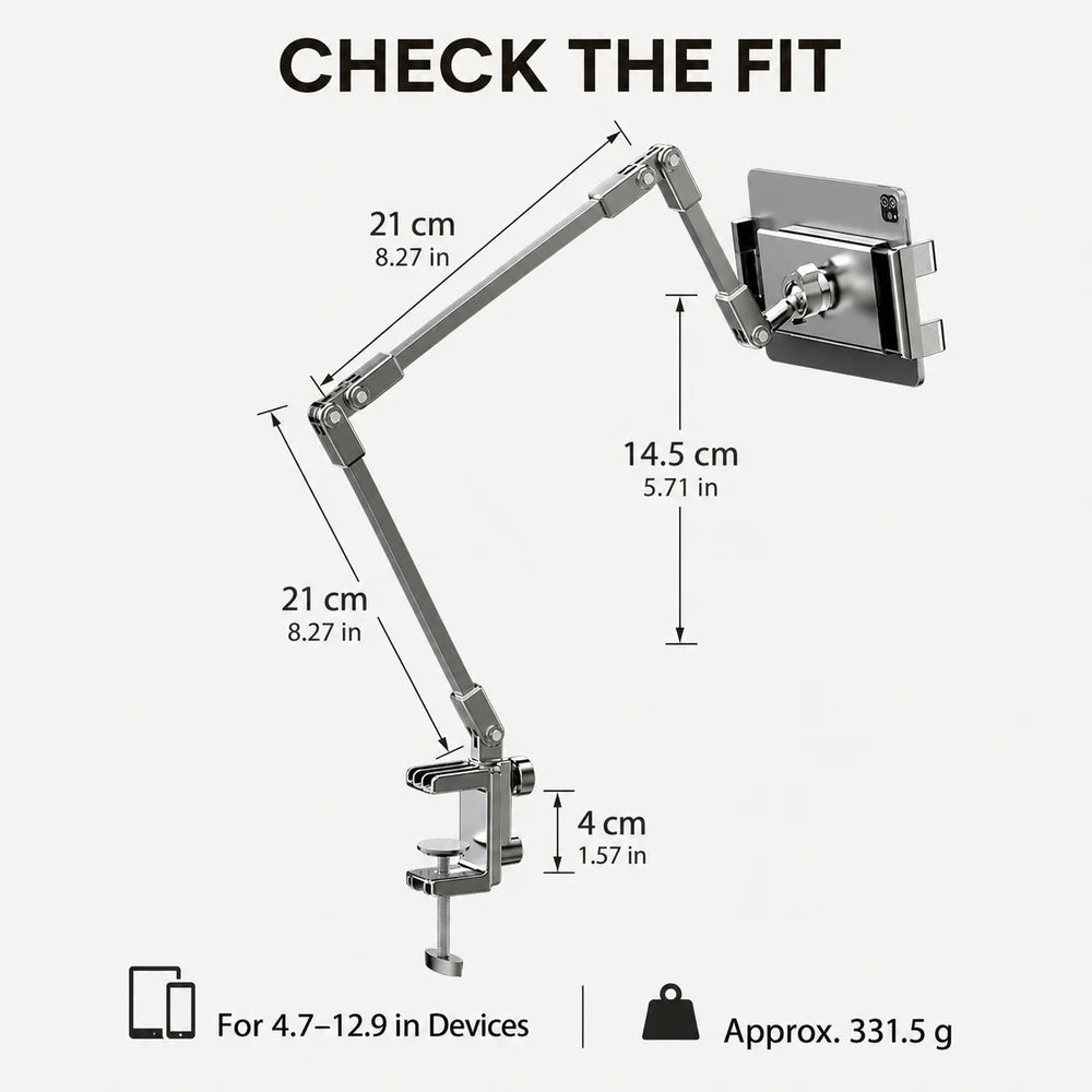 Adjustable Bed Phone Holder Stand for 4.7-12.9 Inch Phone Tablet, Foldable Metal Arm Desk Clamp, 360° Viewing