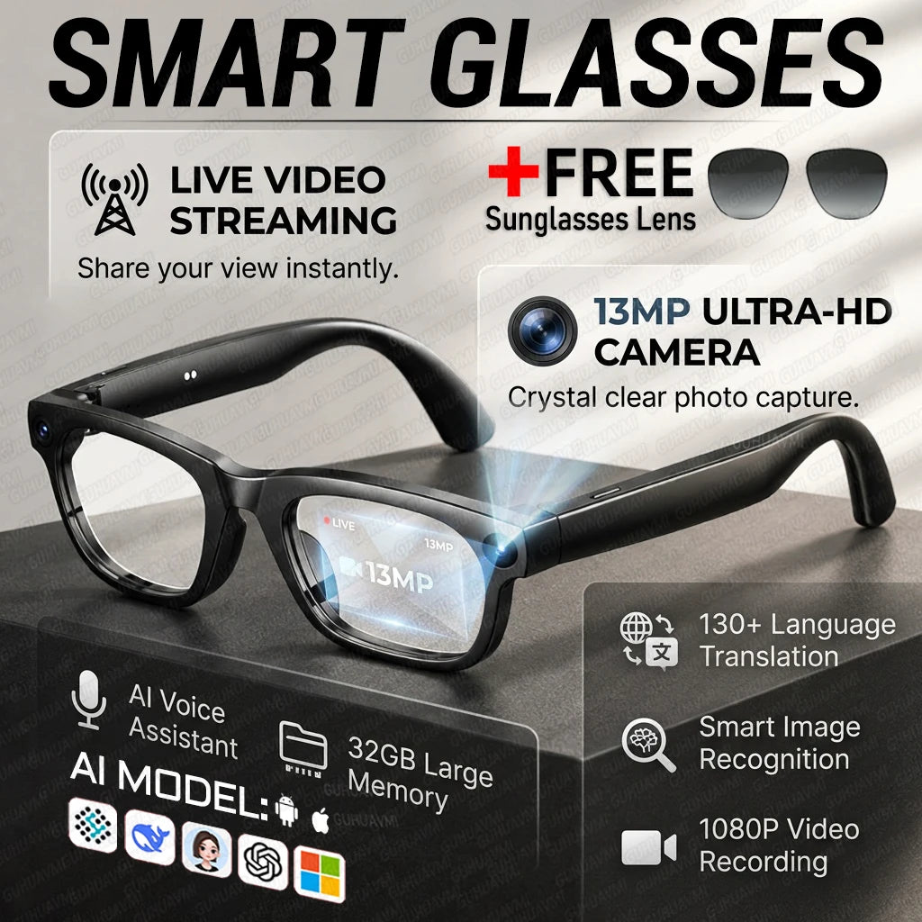 2026 AI Smart Glasses 13MP Camera Take Photo Live Streaming ChatGPT Translations Stabilized POV Recording Audio Music Sunglasses