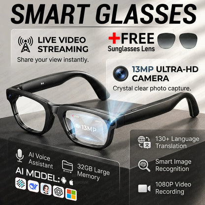 2026 AI Smart Glasses 13MP Camera Take Photo Live Streaming ChatGPT Translations Stabilized POV Recording Audio Music Sunglasses