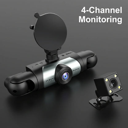 Car Dash Cam 4 Channel 3.16 Inch Screen Four Way Recording Front Left Right Rear Camera With 64G TF Card 1080P Front Dashcam 150 Degree Wide Angle Loop Recording Motion Detection Multi Language Vehicle Driving Recorder For Ca