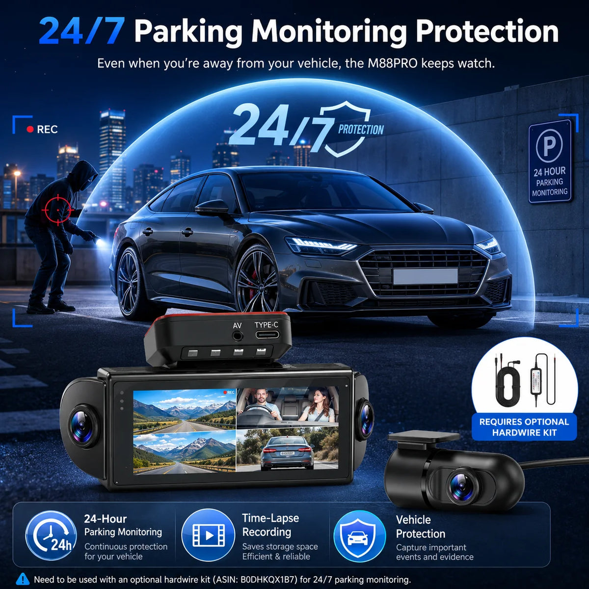 4K 4-CHs Dash Cam WiFi GPS, Front Rear Left Right Car Video Recorder, 24H Parking Monitoring Night Vision Dashcam Supercapacitor
