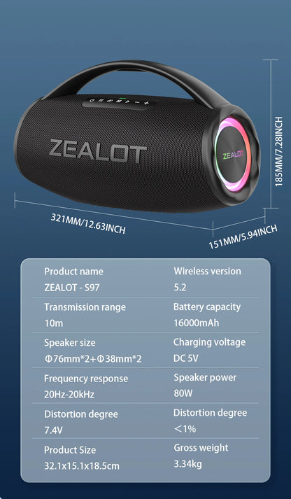 ZEALOT S97 80W Portable Bluetooth Speaker High Volume Waterproof 16000mAh Wireless TWS Subwoofer Suporrt USB/TF/AUX RGB Light.