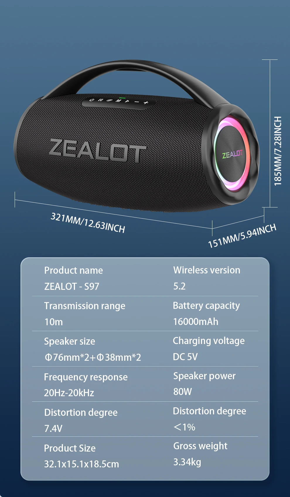 ZEALOT S97 80W Portable Bluetooth Speaker High Volume Waterproof 16000mAh Wireless TWS Subwoofer Suporrt USB/TF/AUX RGB Light.