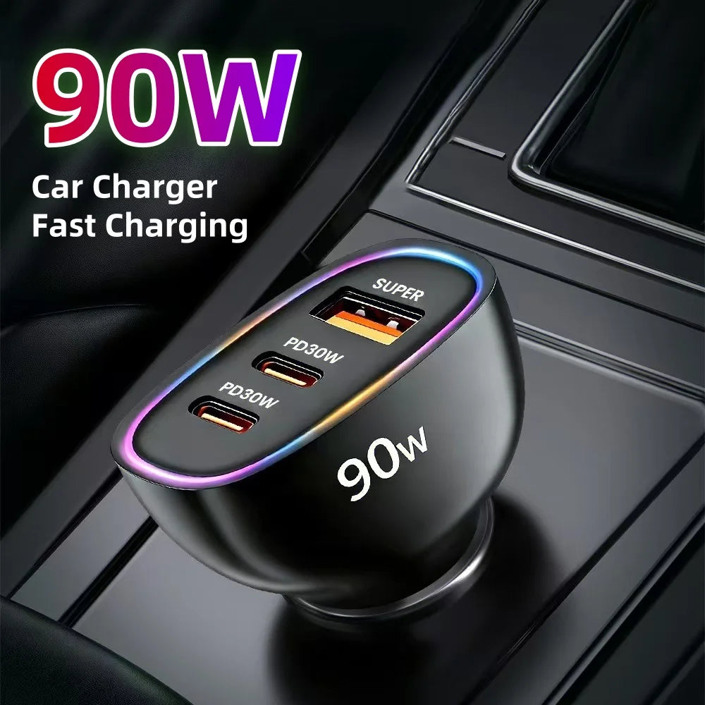 PD90W 3 Ports Car Phone Fast Charger Dual PD30W+QC30W Cigarette Lighter USB Car Charger Adapter For iPhone Huawei Xiaomi Samsung
