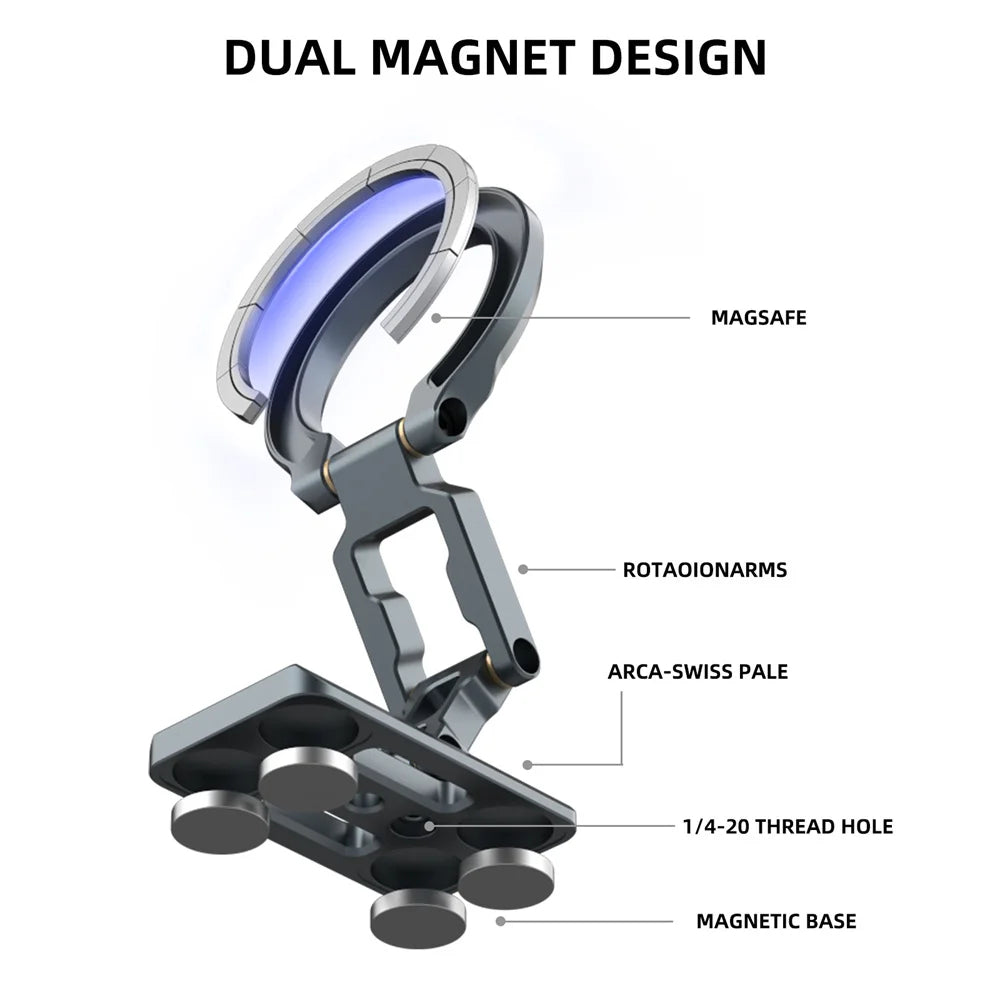 Dual Magnetic Phone Holder Desk Magnet Tripod Phone Mount 1/4'' & ARCA-Swiss Gym Mount for for iPhone Android Car/Airplane Stand