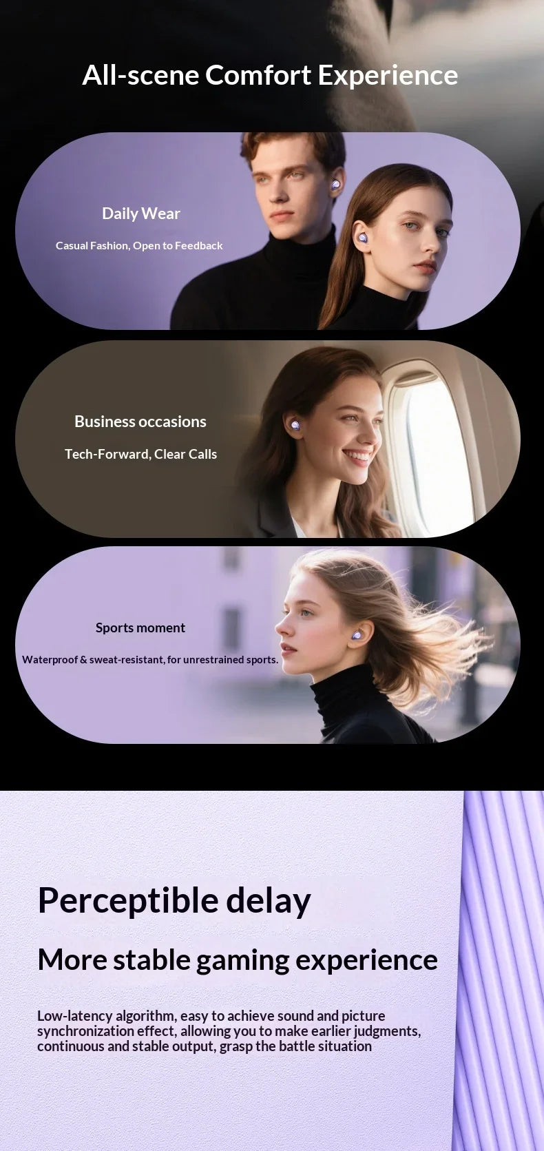 Low Latency Gaming Bluetooth Earbuds All-Day Comfort Long Battery Immersive Audio Built-In Mic Suitable for Travel and Workout
