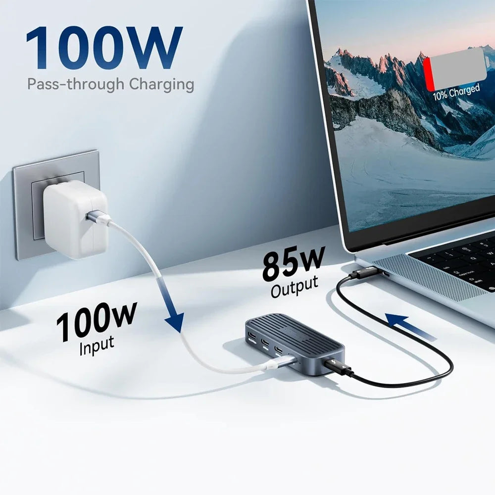 10Gbps USB C Hub with 4K@60Hz Video Output USB3.2 Gen2 Monitor Data Transfer PD100W for Laptops MacBook iPad Pro Type-C Devices
