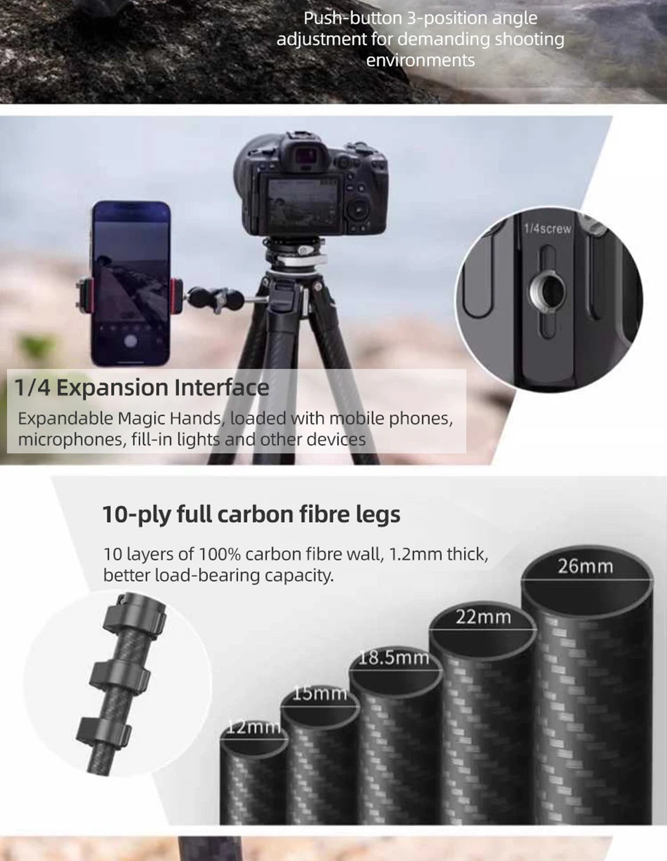 COMAN Zero F38 Carbon Fiber Tripod with Quick Release 360° Panoramic Ball Head for Nikon Canon DSLR Camera Travel Size