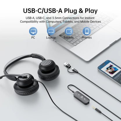 EKSA H8 Office Headset Wired Headphones with Mic USB Type C 3.5mm ENC Noise Cancelling PC Phone Teams Mute Button 40mm Over-Ear