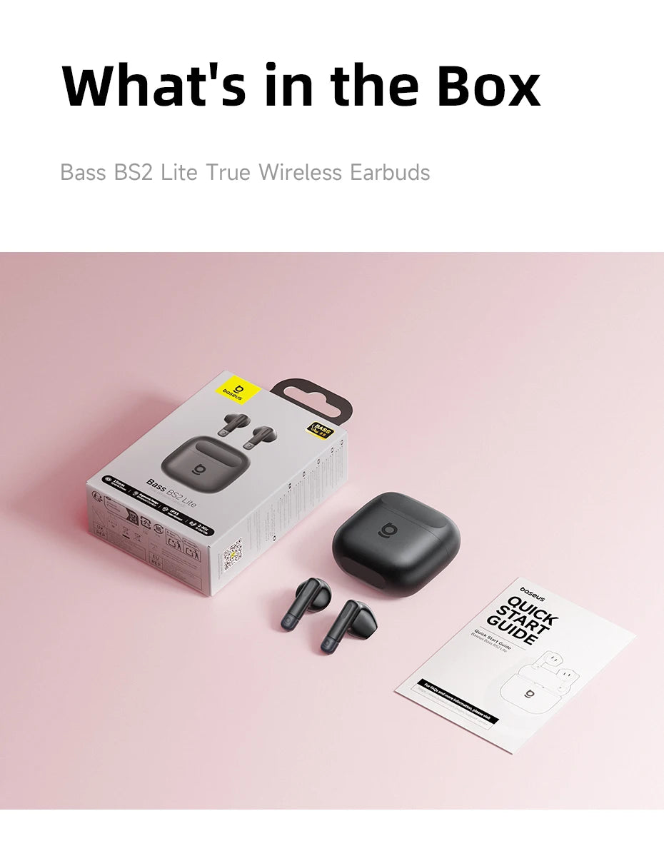 Baseus Bass BS2 Lite True Wireless Earbuds Bluetooth 6.0 Semi-in-Ear Earphones 2-Mic AI ENC 40H Playtime IP55 SuperBass Ear buds