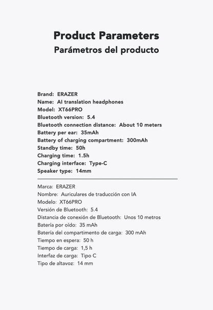 Erazer XT66 Intelligent Translator Earphone Wireless Headphones Bluetooth Earbuds Real-time Translate Equalizer APP Built-in Mic