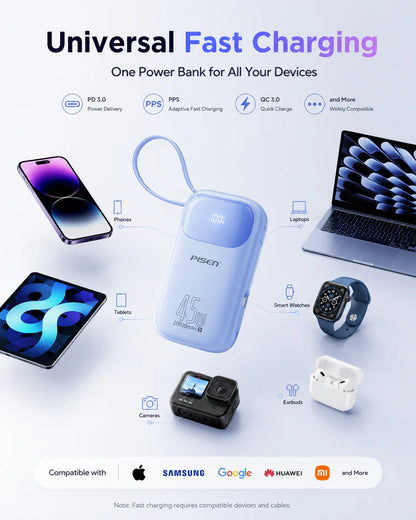PISEN 45W Fast Charging Power Bank Built-in Dual USB-C Cable 10000mAh/ 20000mAh Mini Portable Powerbank For iPhone 17 Xiaomi