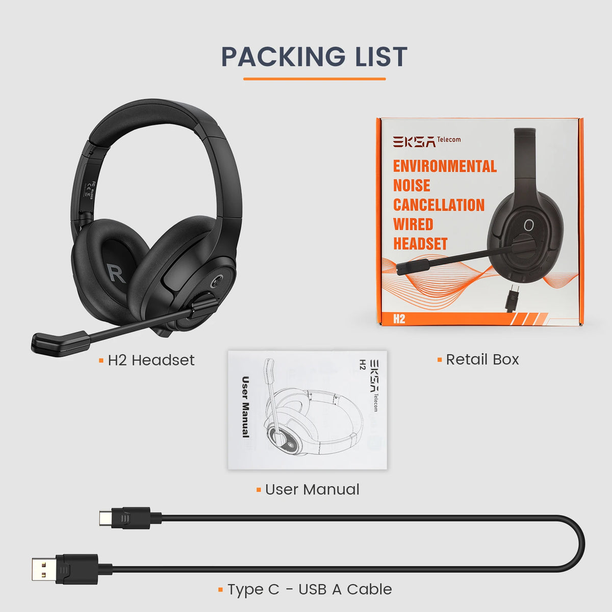 EKSA H2 Office Headset with Mic USB Wired Headphones ENC Noise Cancelling Over-Ear 40mm Mute Switch Volume Control Call Center