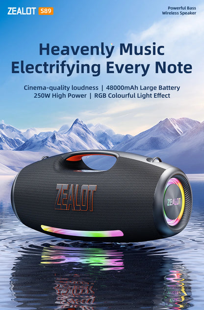 ZEALOT S89 Wireless Speaker 250W Portable Outdoor with RGB Color Lights Long 48000mAh Battery up to 8 Hours Playtime