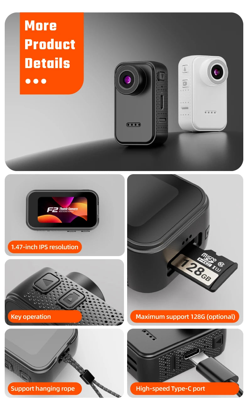 F2 Thumb Camera 1080P HD 130 Degree Wide Angle Mini Camera With IPS Screen 25g Portable Pocket Camera For Daily Recording Life