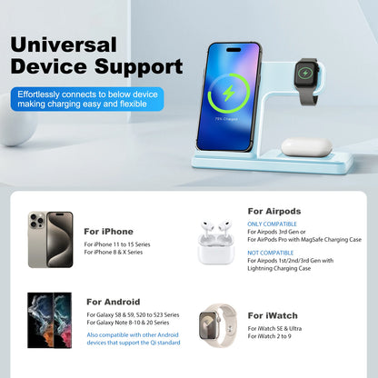 3 In 1 Magnetic Wireless Charger Stand 15W Fast Charging Dock Station Multiple Devices for iPhone 15 14 13 8 Apple Watch Airpods