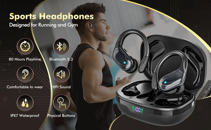 Sport Wireless Headphone TWS Wireless Earphones Bluetooth 5.3 Earbuds with ENC Noise Cancellation Mic IP7 Waterproof for Running