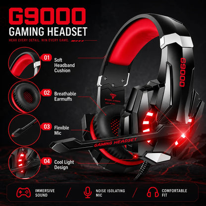 Gaming Headset Wired Headphones with Microphone Over Ear Stereo Bass LED Light Gamer Earphones for PC PS4 PS5 Xbox G9000