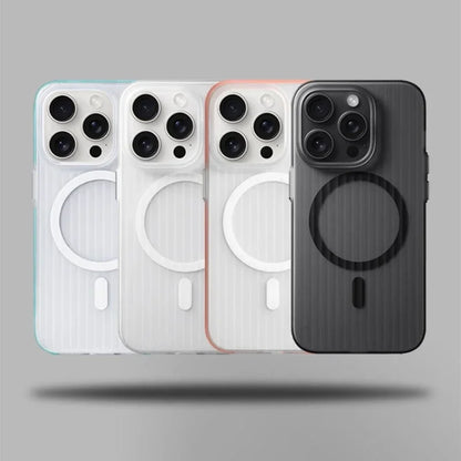 Geometric 3D Stripes Wireless Charging MagSafe Phone Case For iPhone 14 15 18Pro Max 15 13 Pro 16 Anti-fall Bumper Frosted Cover
