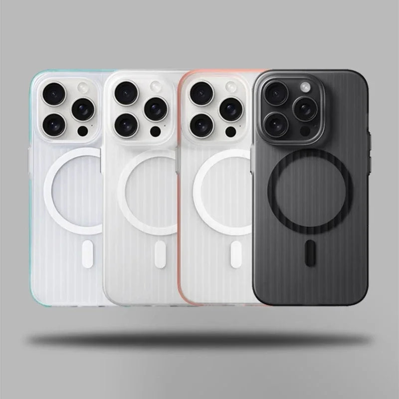 Geometric 3D Stripes Wireless Charging MagSafe Phone Case For iPhone 14 15 18Pro Max 15 13 Pro 16 Anti-fall Bumper Frosted Cover