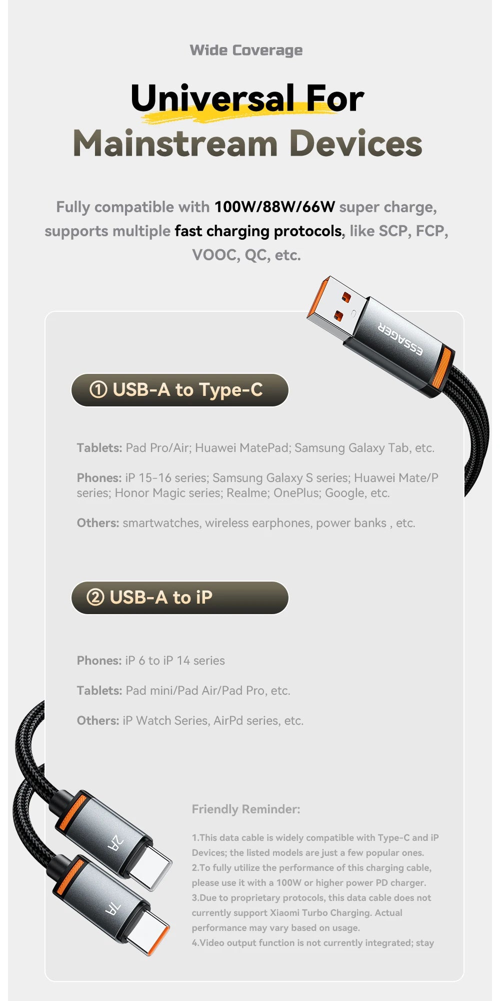Essager 2 in 1 USB Cable 7A Charger Cable for iPhone 15 16 USB A To Type C to Lighting Cable for Macbook Samsung Xiaomi Huawei