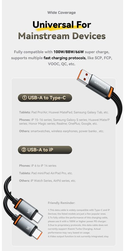 Essager 2 in 1 USB Cable 7A Charger Cable for iPhone 15 16 USB A To Type C to Lighting Cable for Macbook Samsung Xiaomi Huawei