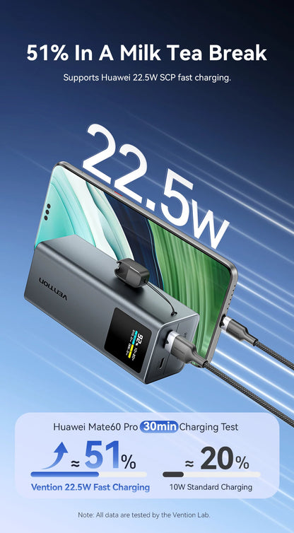 Vention 100W 20000mAh Power Bank PD External Battery PowerBank for iPhone 17 Fast Charging With USB-C Cable TFT Digital Display