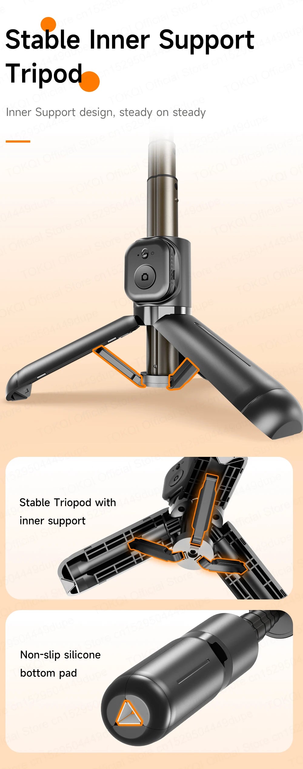 TOKQI Mini Selfie Stick Tripod with 3 Color Fill Light Detachable Holder 360 Rotation Bluetooth Remote for Vlog Live Streaming