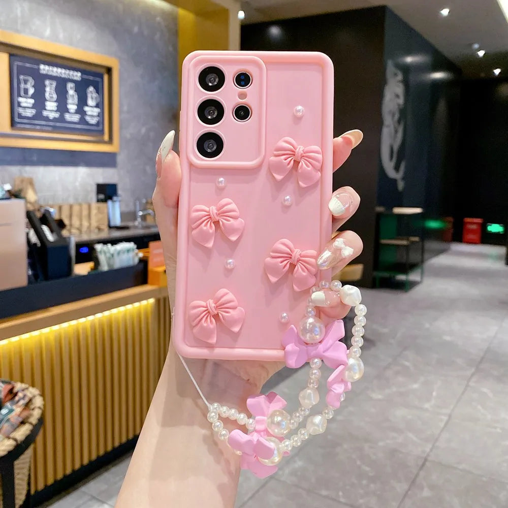 3D Pearl Pink Bow Lanyard Phone Case For Samsung Galaxy S25 S24 Ultra S23 S22 S21 Plus A53 A54 Bracelet Wrist Strap Soft Cover