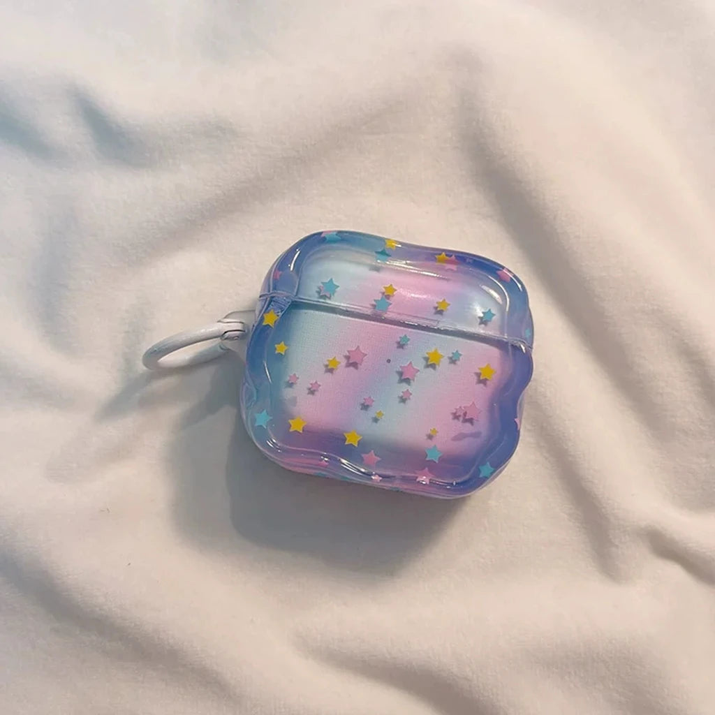 Dopamine Gradient Colorful Little Star Wavy Edge With Pendant Shock Proof Earphone Cover Case for AirPods 1 or 2 3 4 5 Pro 2 3