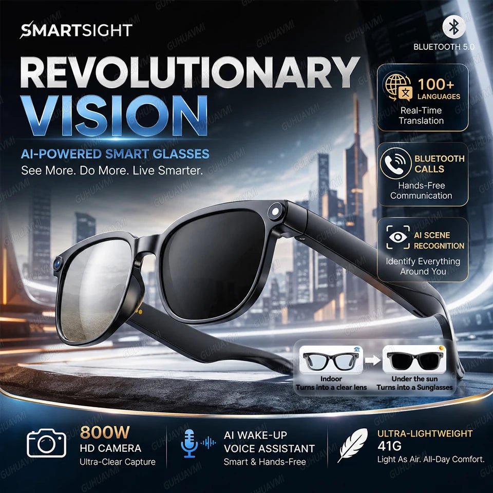 2026New 4K HD Photochromism AI Smart Glasses 800W Pixel Camera 1080P Video AI Chat Music Player Call AI Sports Smart Glasses Man