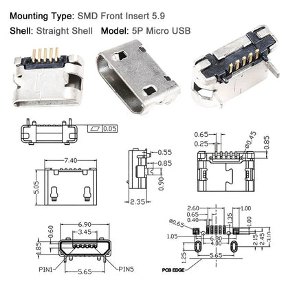 10PCS Micro USB Android Female Charging Socket, Flat Edge Crimped Type, 5Pin, 4 Mounting Pins, SMD & DIP Tail Connector