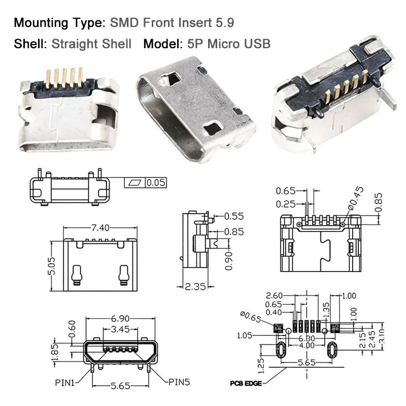 10PCS Micro USB Android Female Charging Socket, Flat Edge Crimped Type, 5Pin, 4 Mounting Pins, SMD & DIP Tail Connector