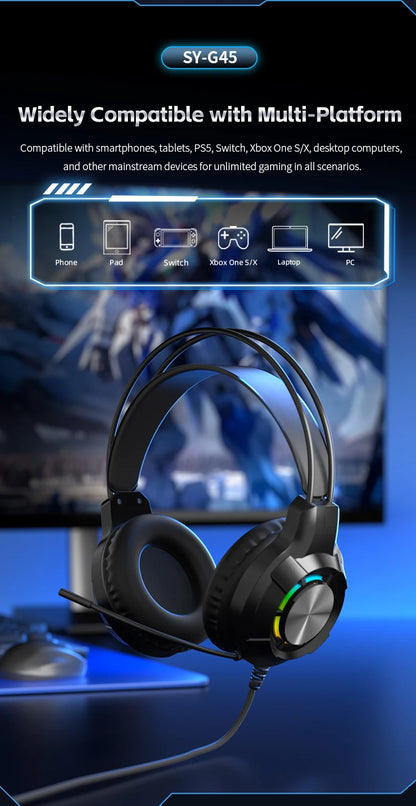 Over-Ear Gaming Headphone 7.1 Surround Sound ENC Noise Cancelling Mic RGB LED Wired Headset for PC PS4 PS5 Xbox Laptop Desktop