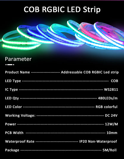WS2811 COB RGBIC LED Strip DC24V 5M 10M 20M 30M RGB IC Horse Running Water Flowing Lights Tape Diode Ribbon Room Decoration Lamp