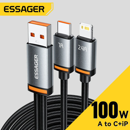 Essager 2 in 1 USB Cable 7A Charger Cable for iPhone 15 16 USB A To Type C to Lighting Cable for Macbook Samsung Xiaomi Huawei