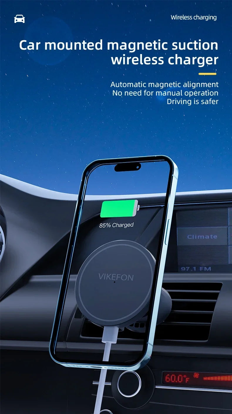 VIKEFON Magnetic Car Wireless Charger + Ring For iPhone 12 13 14 15 Pro Max Air Vent Car Phone Holder Stand Fast Car Charging