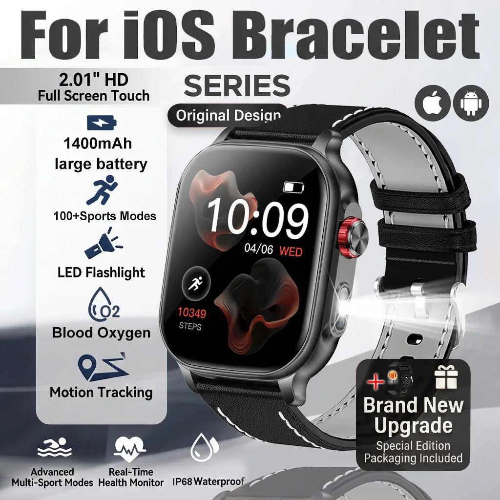 New1400mAh Large Battery Smart Watch 5ATM Waterproof LED Flashlight 100+ Sports Modes Heart Rate Fitness Tracker Men Smart Watch