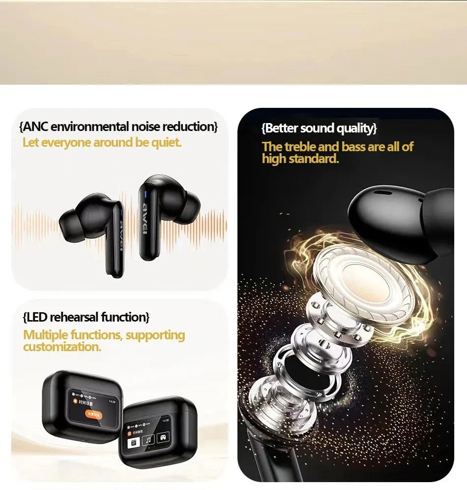 AWEI T56 ANC Wireless Bluetooth V 5.4 Earphones Noise Reduction Headphones Full-Color LED Touchscreen TWS Sport Headest With Mic