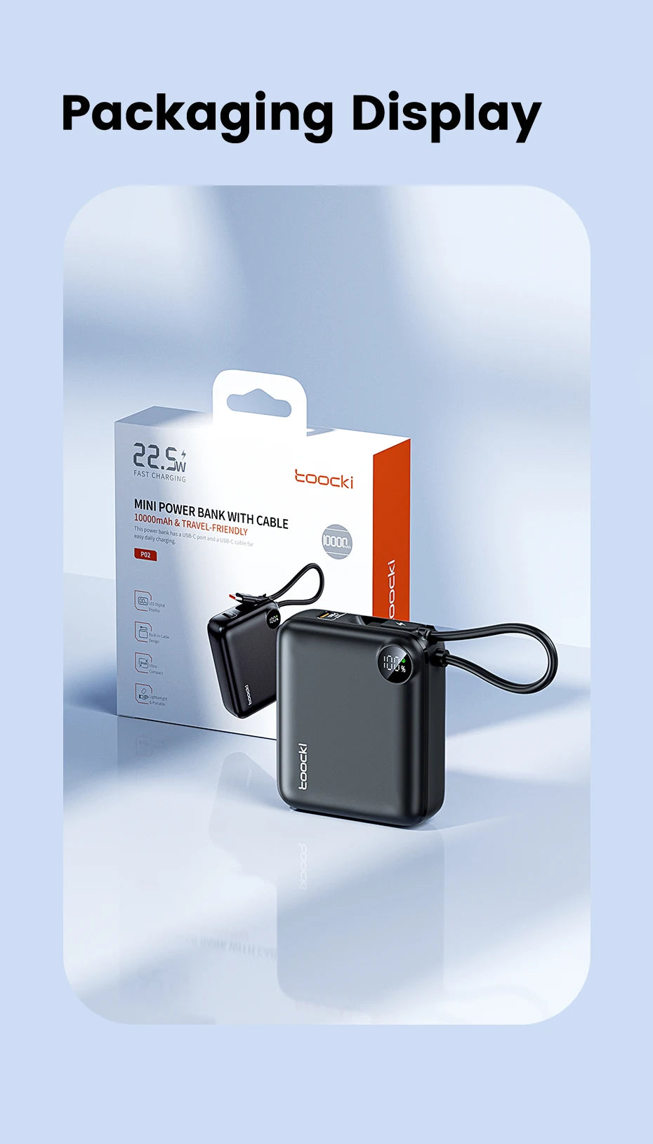 Toocki Portable PowerBank Built-in USB C Cable 10000/20000mAh PD 22.5W Fast Charging Power Bank for iPhone 16 15 14 13 Samsung