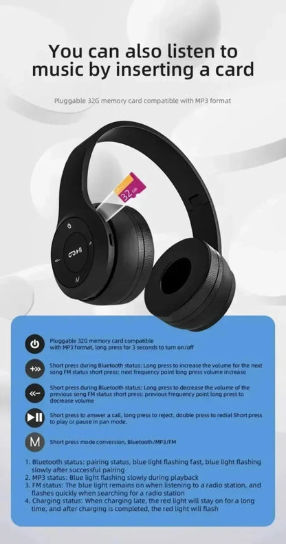 Foldable Wireless Bluetooth Headphones 5.0 Portable HiFi Sound Over-ear Headset for Sports Travel Daily Game music Earphones Use