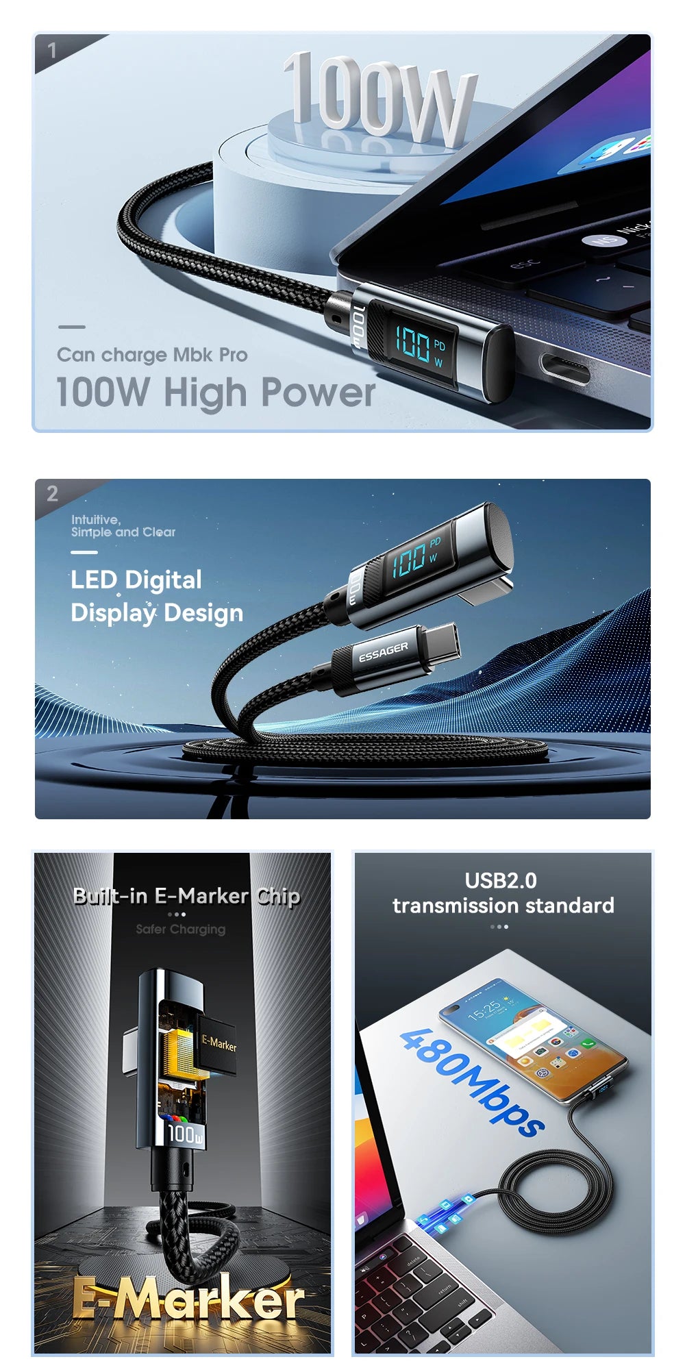 Essager PD100W USB Type C Cable 90 Degree 5A Fasting Charing For iPhone Xiaomi Samsung Huawei Laptops LED Digital Display Cable