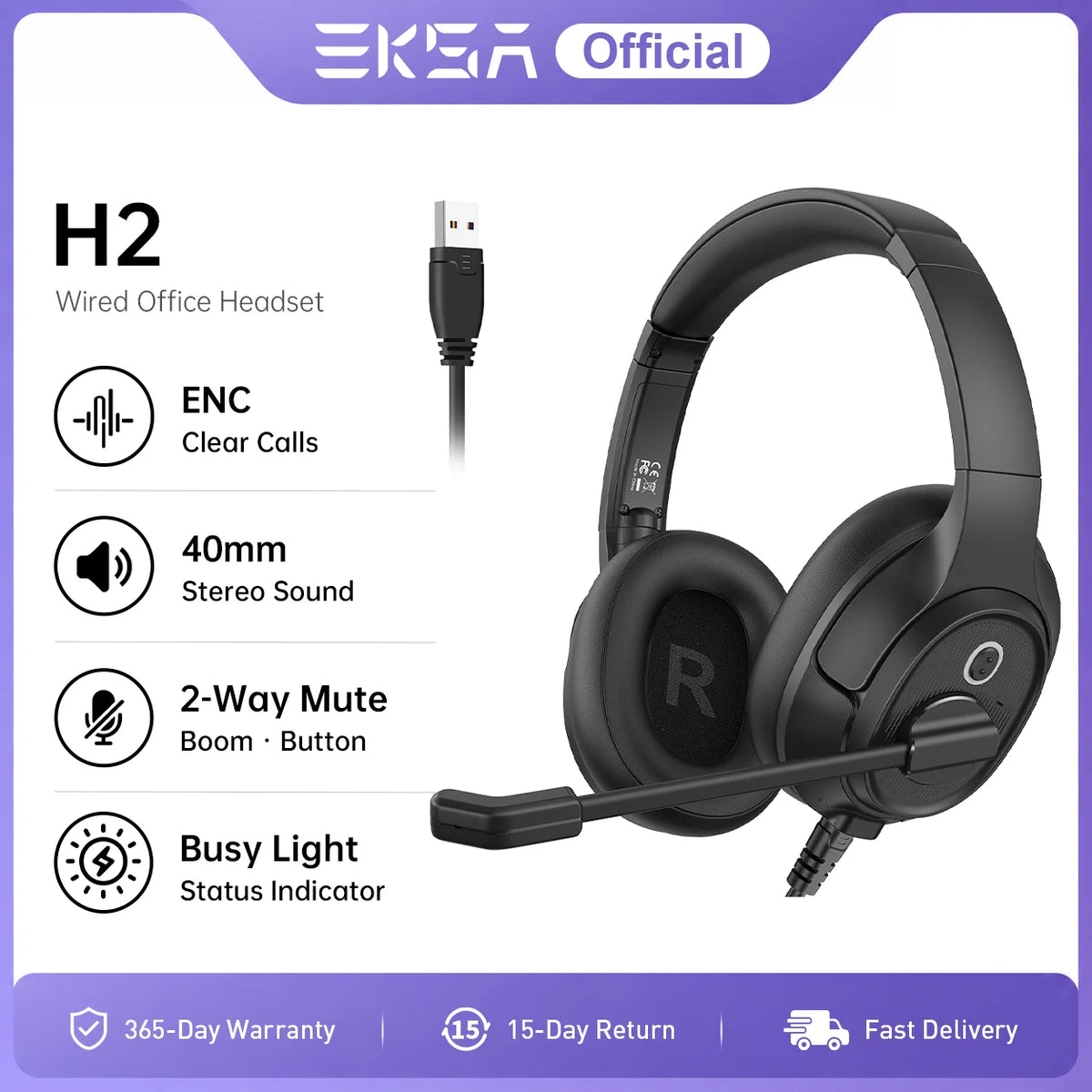 EKSA H2 Office Headset with Mic USB Wired Headphones ENC Noise Cancelling Over-Ear 40mm Mute Switch Volume Control Call Center