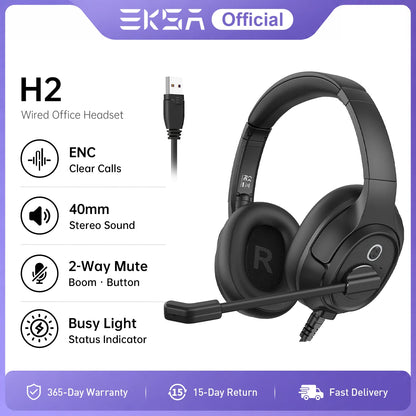 EKSA H2 Office Headset with Mic USB Wired Headphones ENC Noise Cancelling Over-Ear 40mm Mute Switch Volume Control Call Center