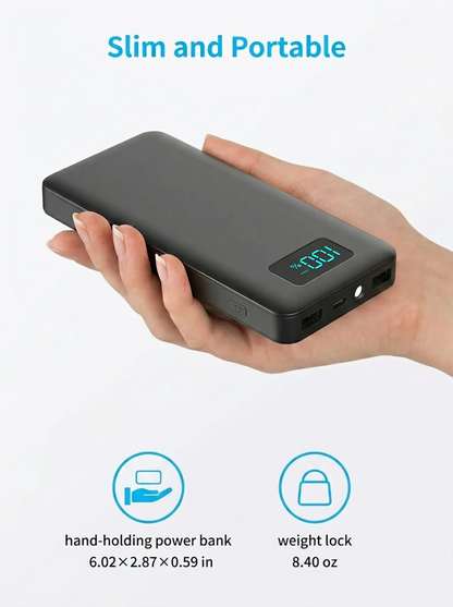 12W PD Charge Powerbank 10000mAh Thin Portable Charger Type C USB C External Battery Backup Power Supply with LED Display for Travel Camping Fits iPhone 17 16 15 14 Plus Pro Max Samsung Galaxy S26 S25 Ultra S24 Google Pixel 9