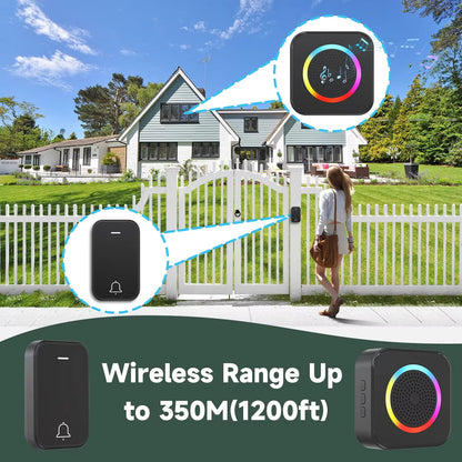 LUNZO Self Powered Wireless Doorbell 2026 350M Long Range Colorful Light No Battery IP44 Waterproof Smart Door Bell Chime